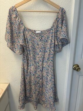 Sienna Sky Petite Floral Button-Front Mini Dress in Blue and Pink